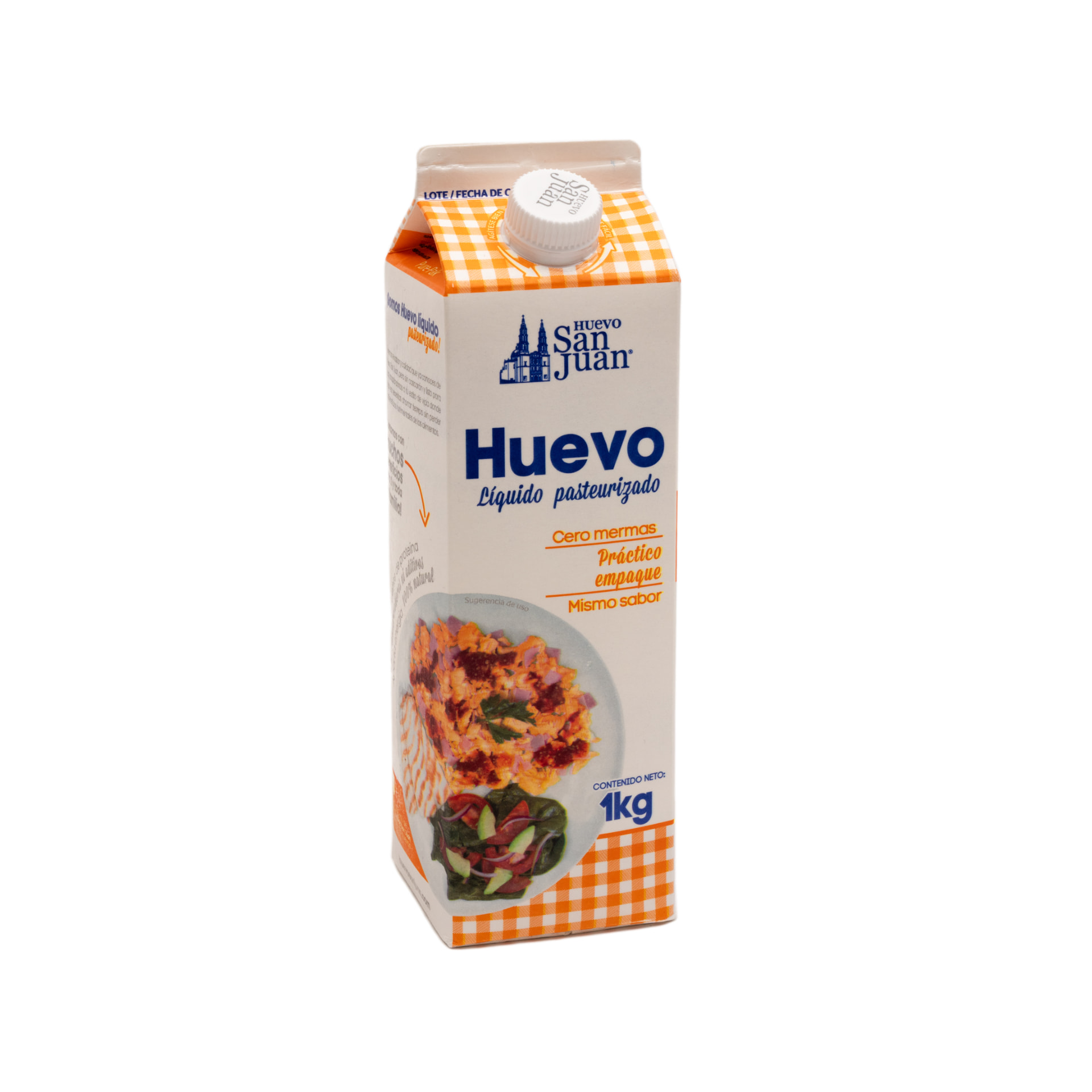 Empaque de huevo líquido pasteurizado San Juan de 1 kg sobre fondo blanco