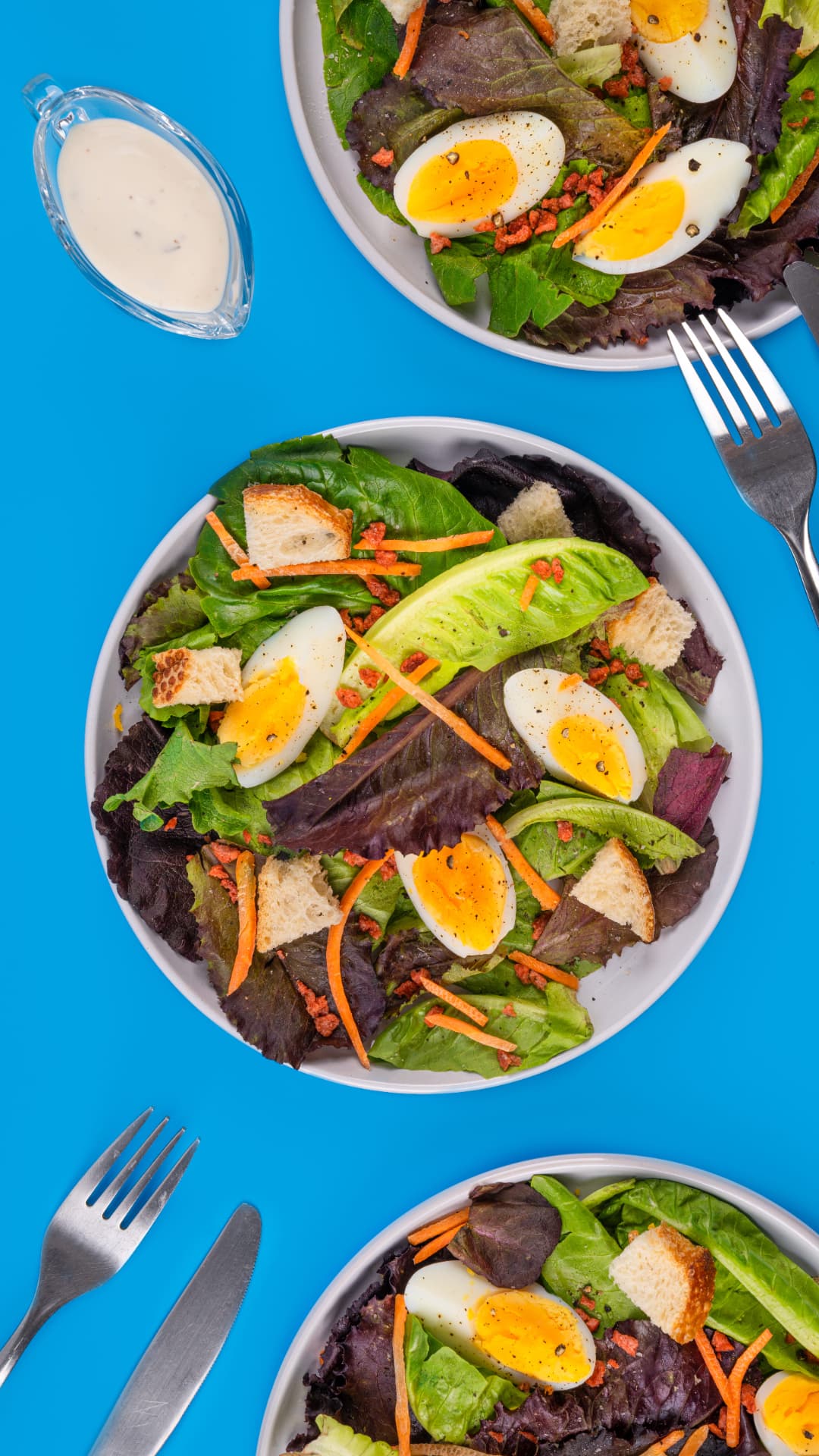 Ensaladas Garden Mix con huevo y vegetales sobre fondo azul